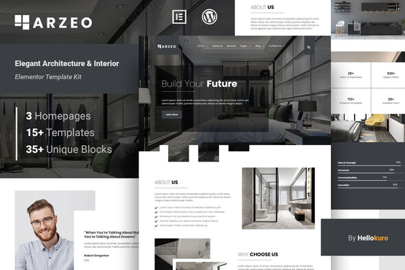 Arzeo – Elementor-Vorlagen-Kit für elegante Architektur und Inneneinrichtung